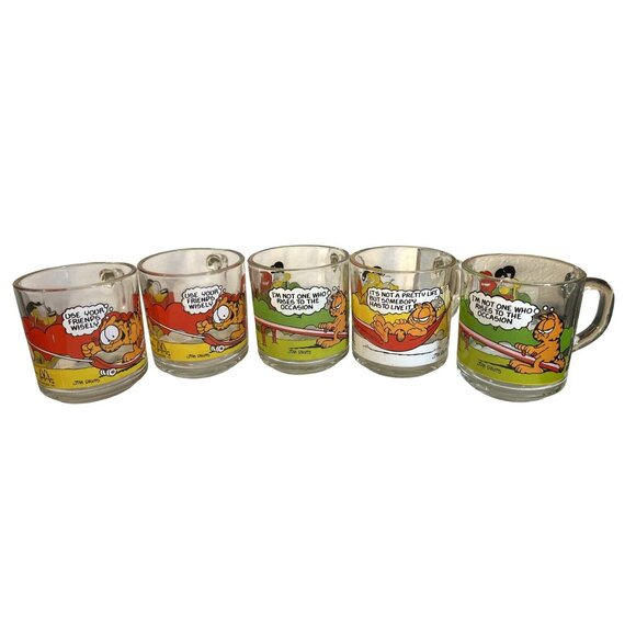 Vintage Set of 5 McDonalds 1978 Garfield Glass Coffee Mugs/Cups by Jim Davis - Picture 1 of 14